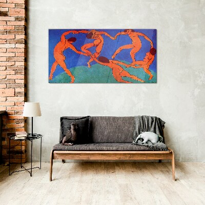 Dancing figures on a blue background Wall art on glass