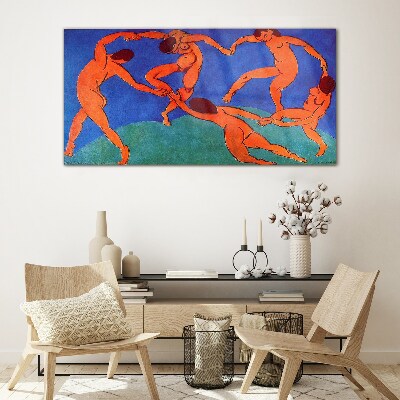 Dancing figures on a blue background Wall art on glass