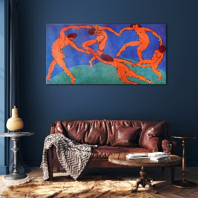 Dancing figures on a blue background Wall art on glass