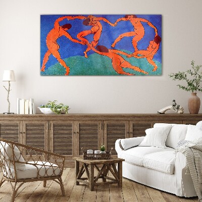 Dancing figures on a blue background Wall art on glass