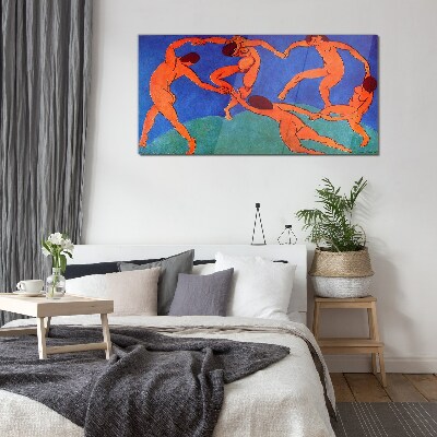 Dancing figures on a blue background Wall art on glass