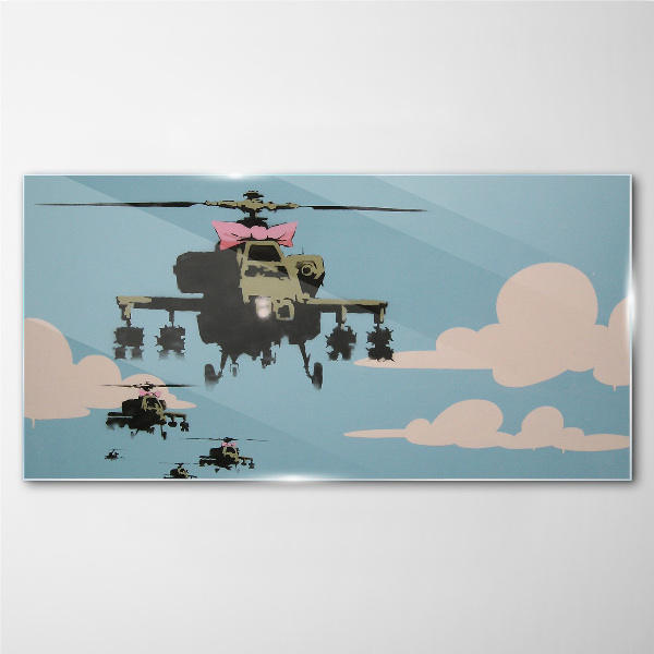Helicopters in pink bows Wall art on glass