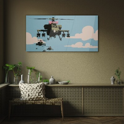 Helicopters in pink bows Wall art on glass