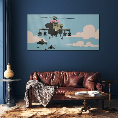 Helicopters in pink bows Wall art on glass