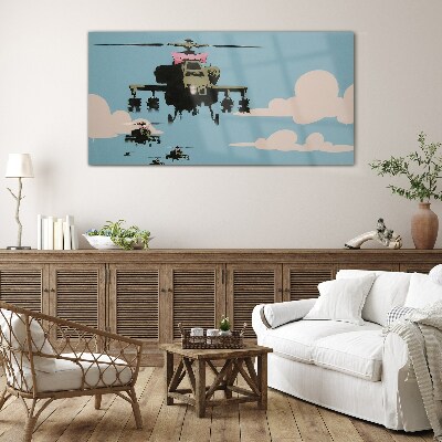 Helicopters in pink bows Wall art on glass