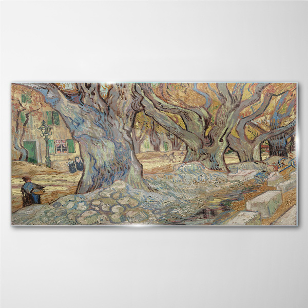 Tree-lined street in the spring sun Wall art on glass