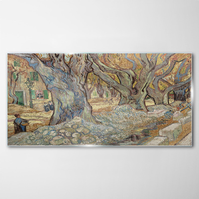 Tree-lined street in the spring sun Wall art on glass