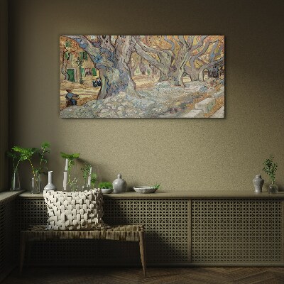 Tree-lined street in the spring sun Wall art on glass