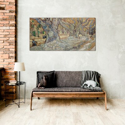 Tree-lined street in the spring sun Wall art on glass
