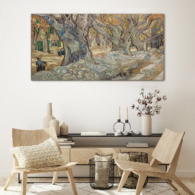 Tree-lined street in the spring sun Wall art on glass