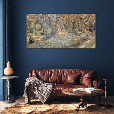 Tree-lined street in the spring sun Wall art on glass