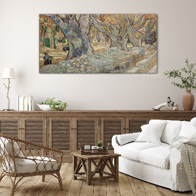 Tree-lined street in the spring sun Wall art on glass