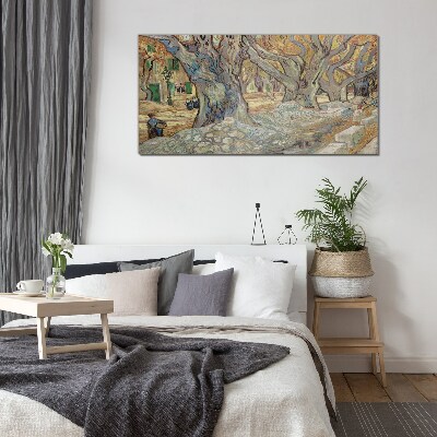 Tree-lined street in the spring sun Wall art on glass