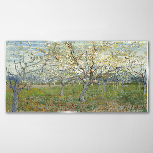 Flowering trees in the spring sun Glass art print