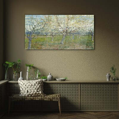 Flowering trees in the spring sun Glass art print