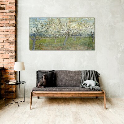 Flowering trees in the spring sun Glass art print