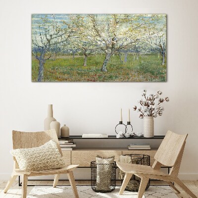 Flowering trees in the spring sun Glass art print