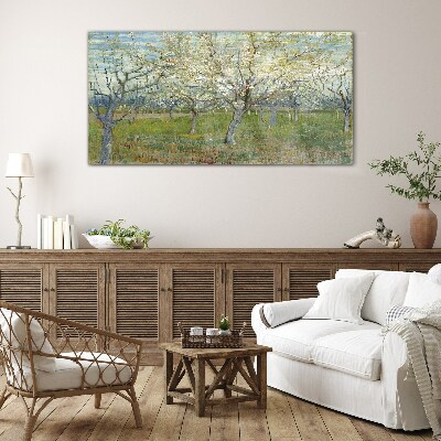 Flowering trees in the spring sun Glass art print