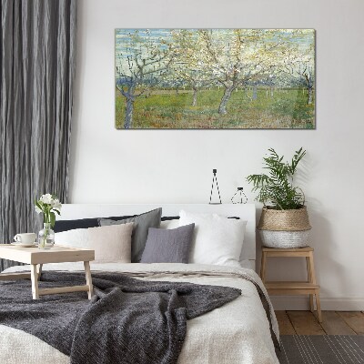 Flowering trees in the spring sun Glass art print