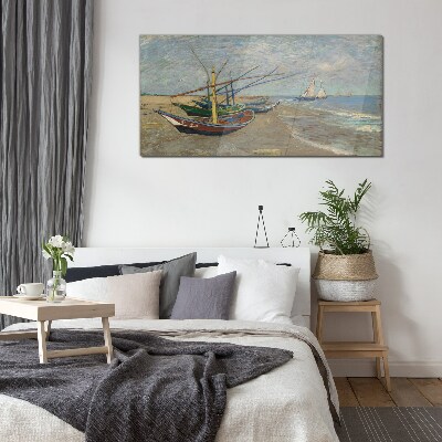 Boats on the beach Wall art on glass