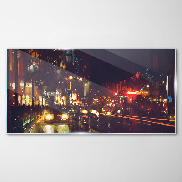 Night street in the glow of lights Glass art print