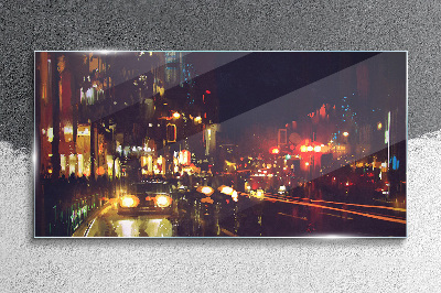 Night street in the glow of lights Glass art print