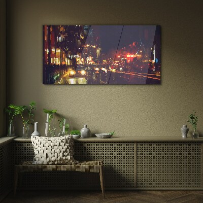 Night street in the glow of lights Glass art print