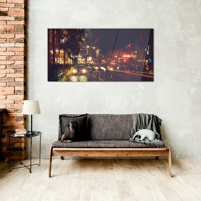 Night street in the glow of lights Glass art print