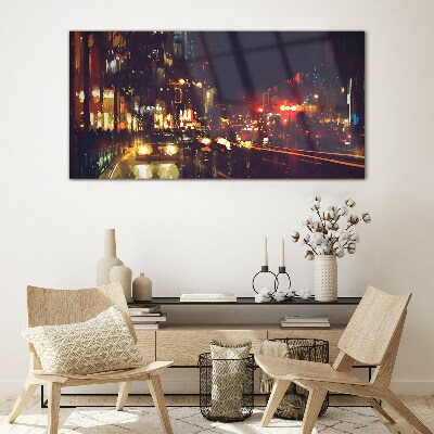 Night street in the glow of lights Glass art print