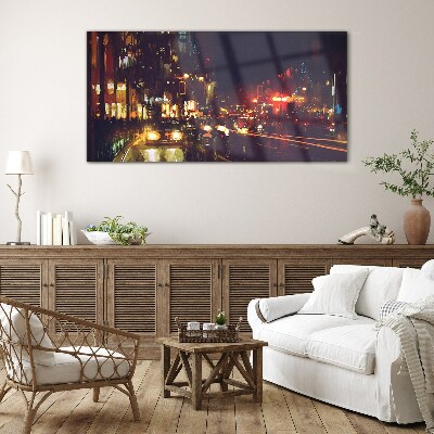 Night street in the glow of lights Glass art print