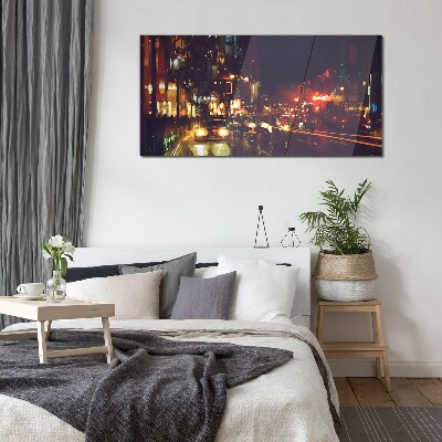 Night street in the glow of lights Glass art print