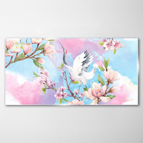 Floral landscape with a crane Glass art print