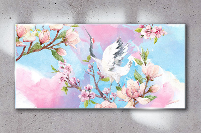 Floral landscape with a crane Glass art print