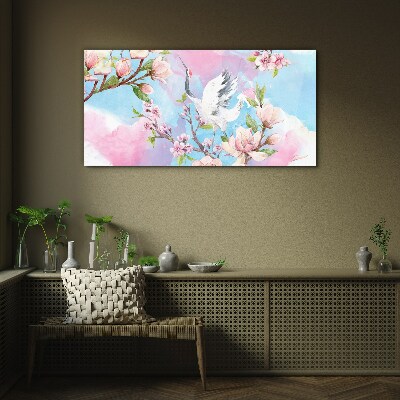 Floral landscape with a crane Glass art print