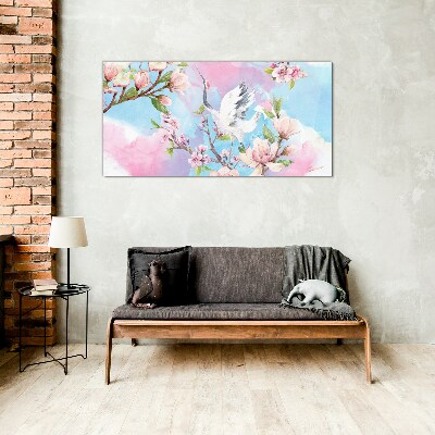 Floral landscape with a crane Glass art print