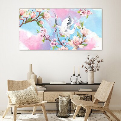 Floral landscape with a crane Glass art print