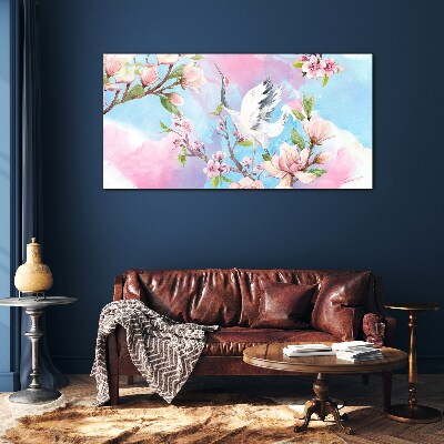 Floral landscape with a crane Glass art print