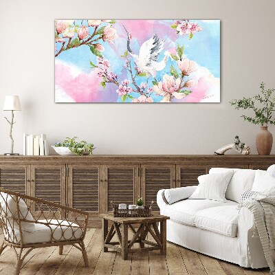 Floral landscape with a crane Glass art print