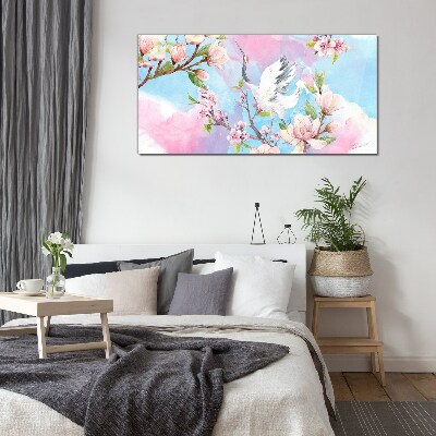 Floral landscape with a crane Glass art print
