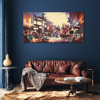 Streetscape in night colors Wall art on glass
