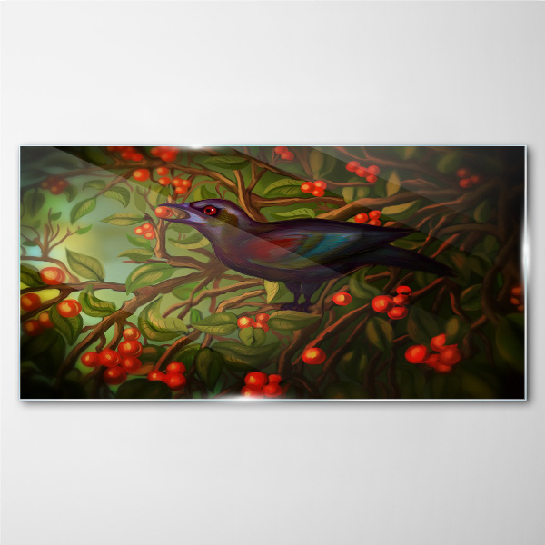 A bird on a fruit branch in the background Glass art print