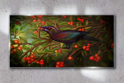 A bird on a fruit branch in the background Glass art print