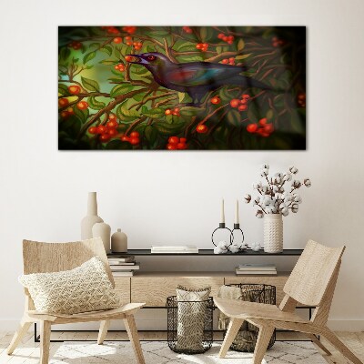 A bird on a fruit branch in the background Glass art print