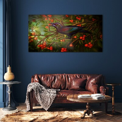 A bird on a fruit branch in the background Glass art print