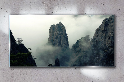 Misty mountain landscape Wall art on glass