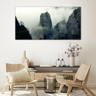 Misty mountain landscape Wall art on glass