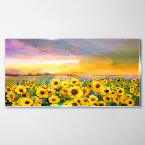 Sunflowers in the sunset rays Glass art print