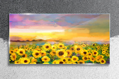 Sunflowers in the sunset rays Glass art print