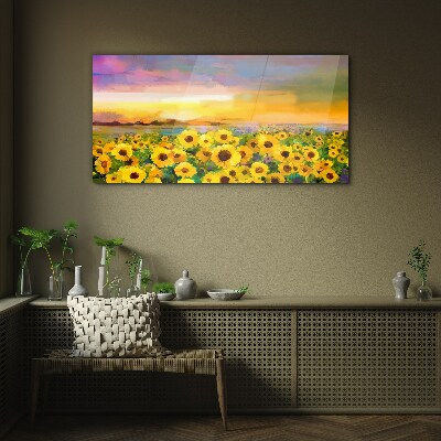 Sunflowers in the sunset rays Glass art print