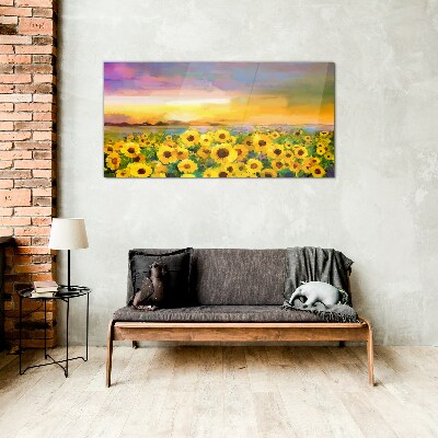 Sunflowers in the sunset rays Glass art print